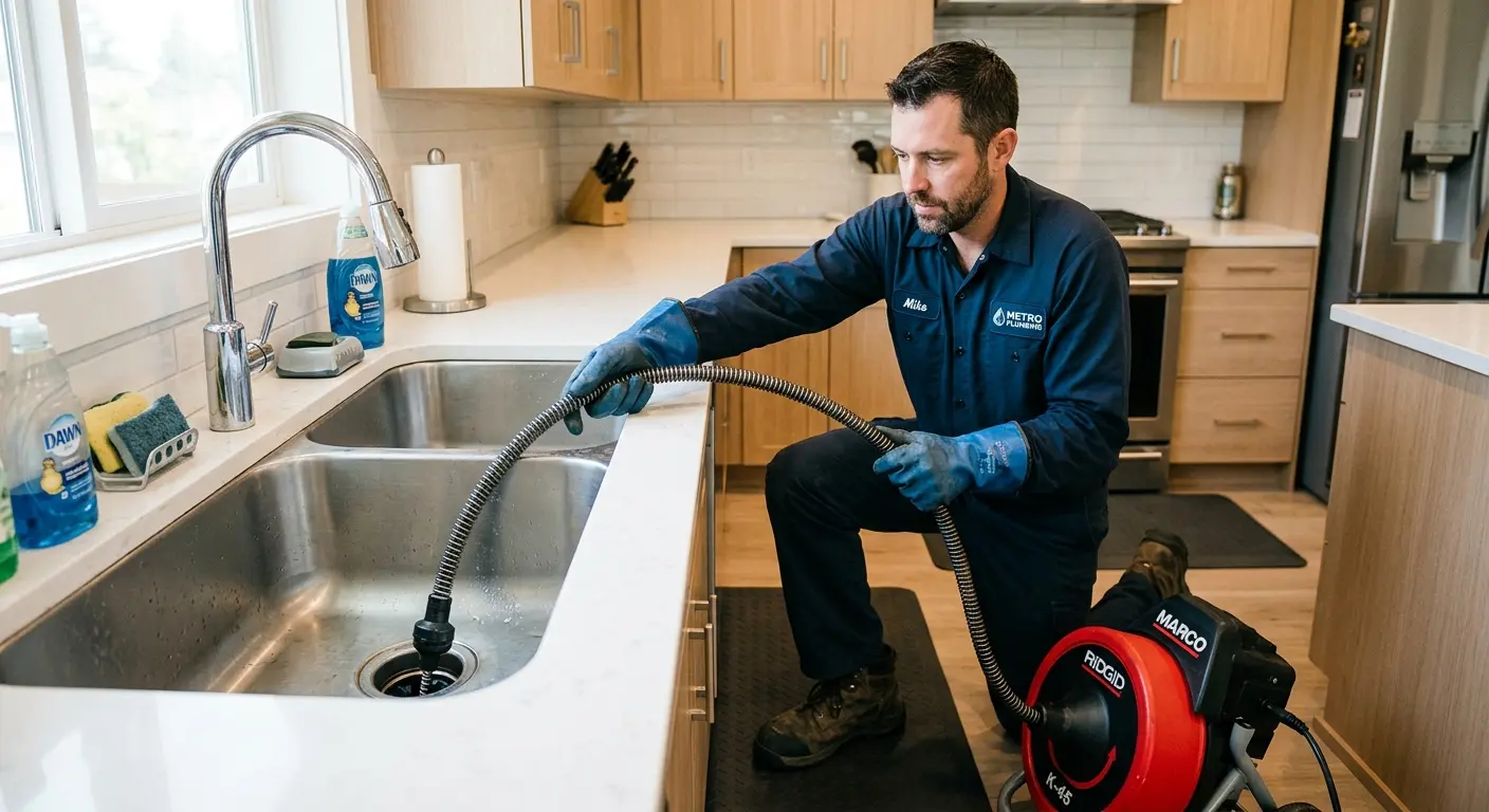 Drain cleaning technician using a motorized snake on a kitchen sink in Meadow Lakes