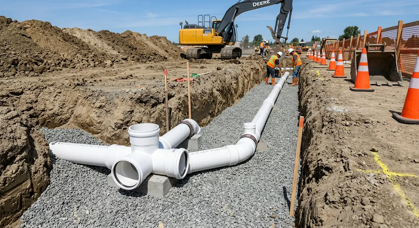 New PVC sewer pipe installation in open trench for Commercial Drain Cleaning in Meadow Lakes