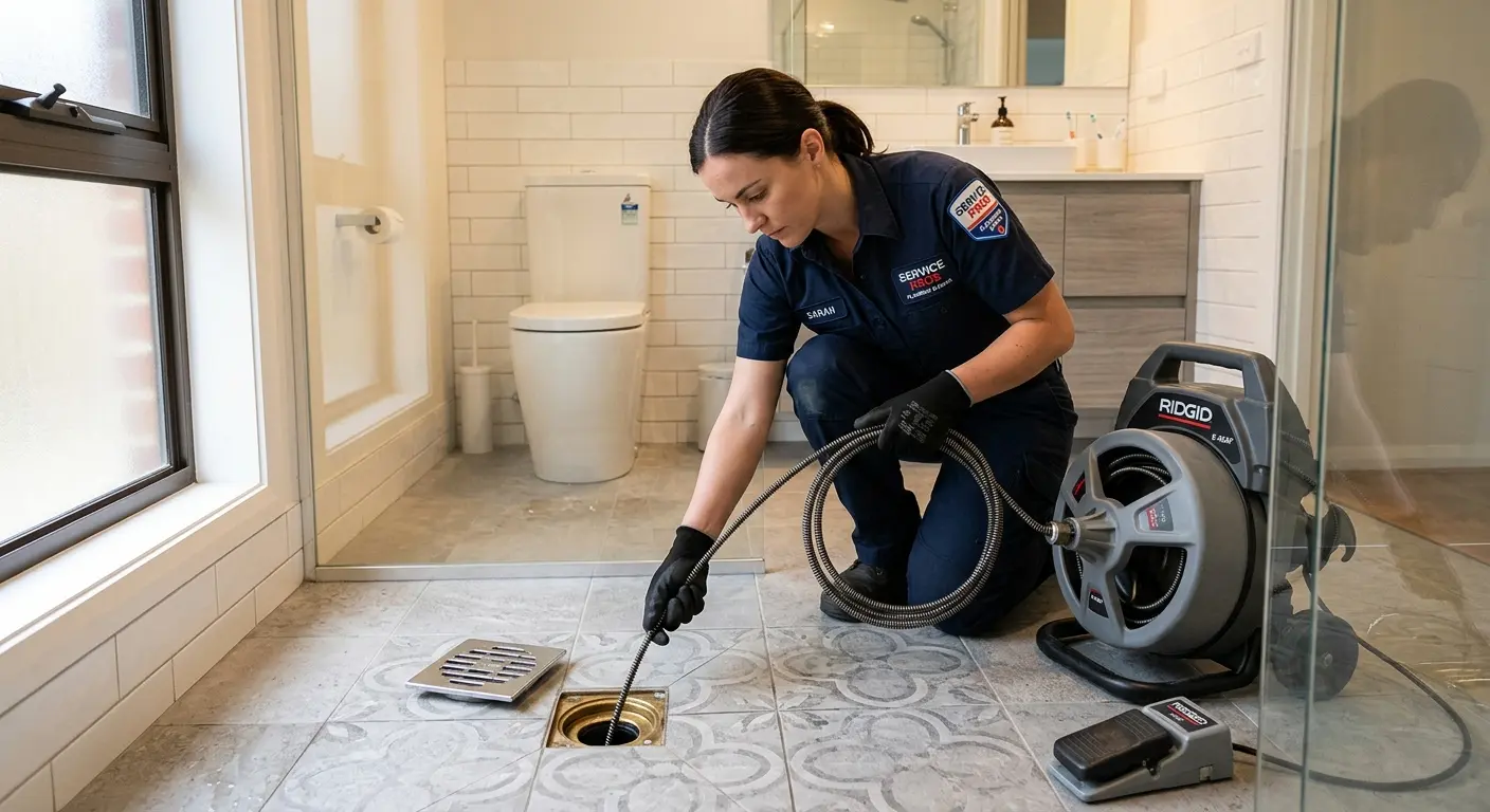 Technician clearing a bathroom floor drain for Drain Cleaning in Meadow Lakes